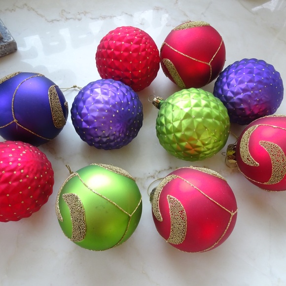 Set of 10 Red Green & Purple Glass Ball Christmas Ornaments Xmas Holiday Decor - Picture 6 of 11